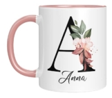 Personalisierte Tasse - "Namens-Tasse mit Blumen Motiv" - mit Ihrem Anfangsbuchstaben und Namen - personalisiert - Geburtstag - Kaffeetasse - beidseitig bedruckt - Geschenke für Frauen (Rosa) - 1