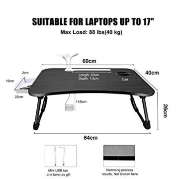 A3A ACADGQ Laptoptisch, Laptop Betttisch Klappbar, Notebook Tisch mit 4 USB Ladeanschluss, Schublade, PAD Ständet, Cup Slot, für Bett, Sofa, Boden (60 x 40 cm, Schwarz) - 3