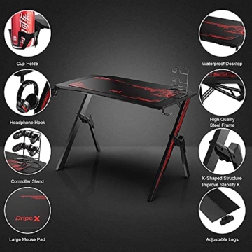Dripex Ergonomischer Gaming Tisch, Schreibtisch Gaming mit Großer Oberfläche, Kohlefaser-Desktop, mit Getränke-, Gamepad- und Kopfhörerhalter - 3