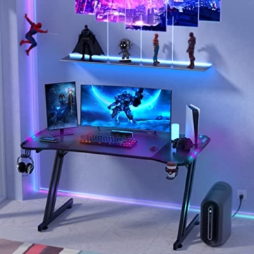 RGB Gaming Schreibtisch mit Fernbedienung mit LED-Beleuchtung Belastbar 150 kg Arbeitstisch Gaming-Tisch Gaming-PC Computertisch Pro Carbon beschichtet mit Getränkehalter & Kopfhörerhaken 120 x 60 cm - 3