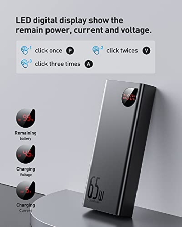 Baseus Power Bank 20000mAh, PD 65W QC 4.0 Schnellladung USB C Externer Akku Telefonladegerät mit Tri-Ausgängen und LED Display für iPhone 12 11 Pro Max XS XR S21 S20 Macbook iPad Air Pro usw (Schwarz) - 4
