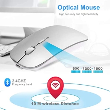 Bluetooth Maus fur Laptop/iPad / iPhone / Mac (iOS 13.3.2 und höher) / PC / Tablet, Wiederaufladbare Leise Mini Maus für Windows / Linux, 3 DPI Einstellbar Bluetooth Silber - 3
