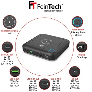 FeinTech PLG02400 Laptop Powerbank 60W PD USB-C und DC Anschluss für Notebook, MacBook, iPad, Tablet, Smartphone, Kamera, Nintendo Switch, 10W Wireless Charging, 88Wh, 24000mAh, 122 x 122 x 28 mm - 2