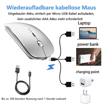 Kabellose Bluetooth Maus für MacBook Pro/Air/Mac/iPad/Laptop/Desktop/Mac/PC/Computer/Telefon - Tragbare schlanke, leise Büromäuse mit USB-C-Adapter 2,4 GHz -Mäuse Kabellos (Silber) - 6