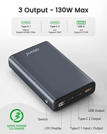 Laptop Powerbank 20000mAh, QBrand PD 100W (Max 130W) Portable Laptop Charger Powerbank Fast Charging with Dual Type-C QC3.0 Externer Akku mit für Laptops, MacBook Pro, iPad,iPhone 12, Samsung,Switch - 5