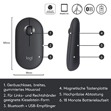 Logitech M350 Pebble Kabellose Maus, Bluetooth und 2.4 GHz Verbindung via Nano USB-Empfänger, 18-Monate Akkulaufzeit, 3 Tasten, Leises Klicken und Scrollen, PC/Mac/iPadOS - Grafit/Schwarz - 6