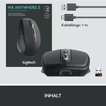 Logitech MX Anywhere 3 kompakte, leistungsstarke Maus – Kabellos, Magnetisches Scrollen, ergonomisch, anpassbare Tasten, USB-C, Bluetooth, Apple Mac, iPad, Windows PC, Linux, Chrome - Grafit - 9