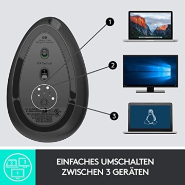 Logitech MX Vertical, Ergonomische Kabellose Maus, Bluetooth und 2.4 GHz Verbindung via Unifying USB-Empfänger, 4000 DPI Sensor, Wiederaufladbarer Akku, 4 Tasten, Multi-Device, PC/Mac/iPadOS - Schwarz - 9