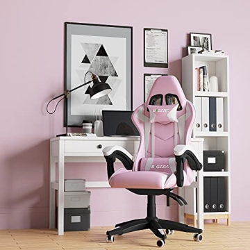 bigzzia Gaming Stuhl aus Kunstleder, Schreibtischstuhl mit Lendenkissen + Kopfstütze Gamer Computer Stuhl Drehstuhl Höhenverstellbar Ergonomisch Bürostuhl, Rosa - 2