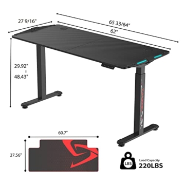 EUREKA ERGONOMIC Höhenverstellbarer Schreibtisch, 166×70 cm Groß Gaming Tisch mit led, Schreibtisch Höhenverstellbar Elektrisch mit 2 Motoren, Stehschreibtisch mit Memory-Steuerung, Schwarz - 9