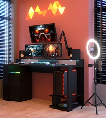 Gaming Tisch Gamer Computertisch Ergonomischer PC Schreibtisch LED-Beleuchtung mit Farbwechsel - 2