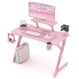 Intimate WM Heart Gaming Tisch 110cm, Ergonomischer Computertisch, Schreibtisch mit Tischplatte aus Kohlefaser, Drehbarer Headsethalter, Griffhalter und Getränkehalter, Rosa - 1