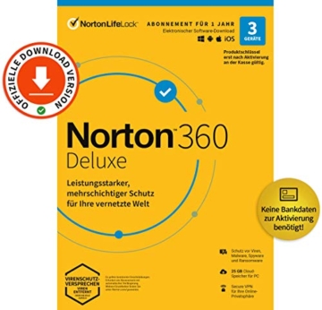 Norton 360 Deluxe 2022 | 3 Geräte | Antivirus | Unlimited Secure VPN & Passwort-Manager | 1 Jahr | PC, Mac oder Mobilgerät | Aktivierungscode per Email - 1