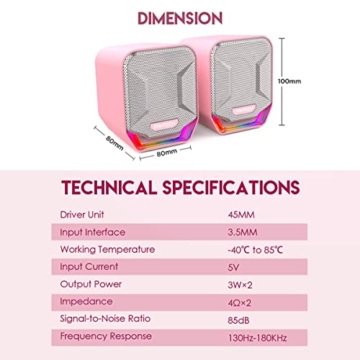 RUJIXU Lautsprecher für pc 2.0-USB Desktop-Lautsprecher RGB Beleuchtung pc-Lautsprecher pink Computer-Lautsprecher für Schreibtisch oder Laptop - 4