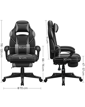 SONGMICS Gamingstuhl, Schreibtischstuhl mit Fußstütze, Bürostuhl mit Kopfstütze und Lendenkissen, höhenverstellbar, ergonomisch, 90-135° Neigungswinkel, bis 150 kg belastbar, schwarz-grau OBG073B03 - 5