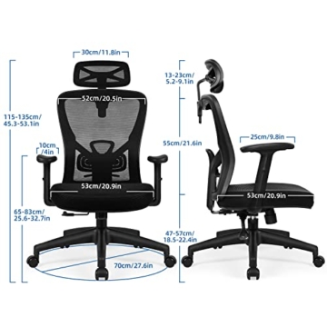 Aiidoits Bürostuhl ergonomisch, Schreibtischstuhl mit Verstellbarer Kopfstütze, Armlehne und Lendenwirbelstütze, Höhenverstellung und Wippfunktion bis 135°Mesh Office Chair, bis 200kg Belastbar - 3