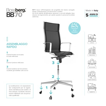 Bossberg BB70 Ergonomischer Bürostuhl, neigbar, Wohnheim, Lombare, aus Stahl mit Rollen für Schlafzimmer, Studio PC und Betrieb (Chrom - Schwarz) - 7