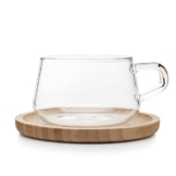 Kaffeetasse aus Glas mit Henkel, Teetasse mit Bambus Untersetzer, 0.3 Liter, Klarglas - 1