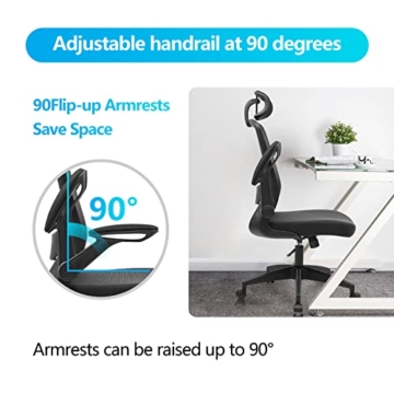 KERDOM Bürostuhl Ergonomisch, Atmungsaktiver Schreibtischstuhl mit Verstellbarer Kopfstütze, Armlehnen,Drehstuhl Wippfunktion bis 135°, Chefsessel aus Mesh - 5