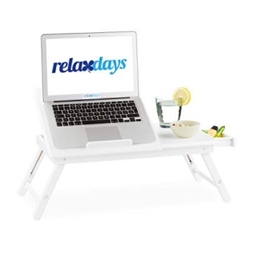 Relaxdays Bambus Laptoptisch, höhenverstellbarer Laptopständer für Bett und Sofa, mit Schublade, HBT: 24x60x35cm, weiß, Größe - 1