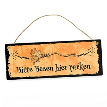 Metallschild für Hexen mit Besen-Motiv und Spruch - Bitte Besen hier parken als lustige Deko für eine Halloweenparty um den Gästen und Monstern zu zeigen wo sie ihr Fahrzeug - 3