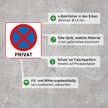 Parkplatzschild (20x20 cm, klein), inkl. 4 Bohrlöcher, Privatparkplatz Schild mit Hinweis, Parkverbotsschild Privatparkplatz (Hartschaum Weiß) - 3