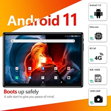 ZONKO Tablet 10 Zoll Android 11 Tablett PC, 2 in 1 Telefon Tablet Okta Kern Prozessor, 1080P FHD 4GB+64GB Speicher 128GB TF 13MP Kamera 6000mAh mit Schutzhülle Tastatur Maus, Typ-c WiFi GPS (Schwarz) - 2