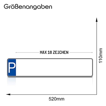Individuelles Parkplatzschild 520x110mm mit P-Symbol aus Aluminium Wunschkennzeichen mit eigenem Text Wunschname für Parkplatz Schild (01 P - Wunschtext) - 2