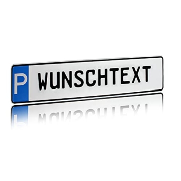 Individuelles Parkplatzschild 520x110mm mit P-Symbol aus Aluminium Wunschkennzeichen mit eigenem Text Wunschname für Parkplatz Schild (01 P - Wunschtext) - 1