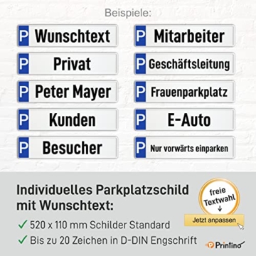 PRINTINO® Parkplatzschild für Privatparkplatz – reflex Kennzeichen mit Wunschtext oder Namen – wetterfest – rückstrahlend – 52x11cm – kompatibel mit Halter und Pfosten - 3