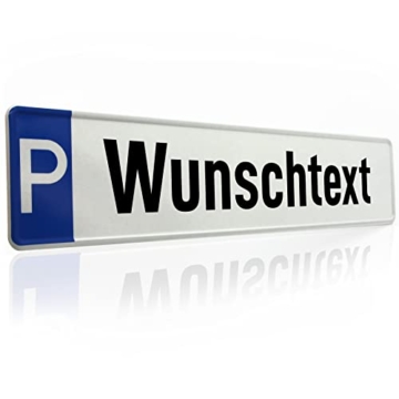 PRINTINO® Parkplatzschild für Privatparkplatz – reflex Kennzeichen mit Wunschtext oder Namen – wetterfest – rückstrahlend – 52x11cm – kompatibel mit Halter und Pfosten - 1