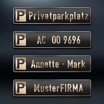schildEVO 1 Premium Parkplatzschild | GOLD auf Schwarz | 520 x 110 mm | Metallic Wunschtext bis zu 14 Zeichen | Parkplatz-Kennzeichen | Privatparkplatz | DHL-Versand - 4