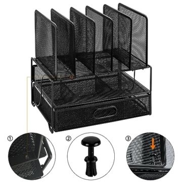 Amazon Basics – Schreibtisch-Organizer aus Metallgeflecht, mit Schublade, doppelter Ablage und 5 senkrechten Bereichen, schwarz - 2