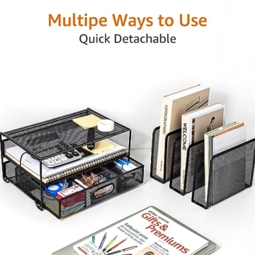 Amazon Basics – Schreibtisch-Organizer aus Metallgeflecht, mit Schublade, doppelter Ablage und 5 senkrechten Bereichen, schwarz - 4