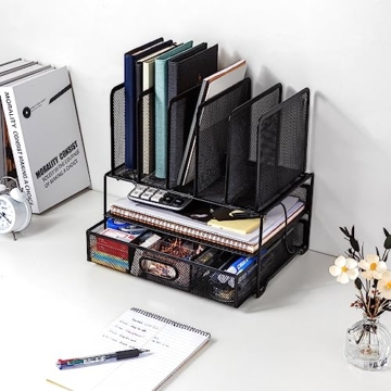 Amazon Basics – Schreibtisch-Organizer aus Metallgeflecht, mit Schublade, doppelter Ablage und 5 senkrechten Bereichen, schwarz - 6