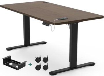 JUMMICO Höhenverstellbarer Schreibtisch 160 x 80 cm, Schreibtisch Höhenverstellbar Elektrisch Stehpult mit USB und Kabelwanne, Ergonomischer Steh-Sitz Tisch mit 360°Rollen, Nussbaum - 1