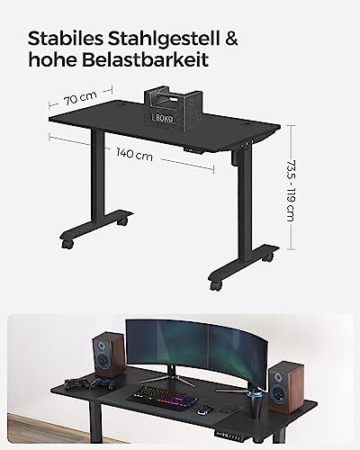 SONGMICS Höhenverstellbarer Schreibtisch elektrisch, 70 x 140 cm Tischoberfläche, stufenlos verstellbar, Memory-Funktion mit 3 Höhen, schwarz LSD102B02 - 5
