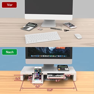 VOOPII Monitorständer mit Schublade, Breitenverstellbarer Computerständer Schreibtisch-Organizer mit Ablage, Monitor Stand Riser für Laptop und PC Drucker - 4