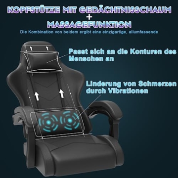 Devoko Massage Gaming Stuhl, Computer Bürostuhl mit Fußstütze, Racing Gamer Stuhl 150kg Belastbarkeit, 90-135° Rückenlehne einstellbar Ergonomischer PC Stuhl, 360° drehbar, Schwarz - 2