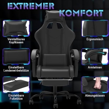 Devoko Massage Gaming Stuhl, Computer Bürostuhl mit Fußstütze, Racing Gamer Stuhl 150kg Belastbarkeit, 90-135° Rückenlehne einstellbar Ergonomischer PC Stuhl, 360° drehbar, Schwarz - 3