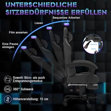 Devoko Massage Gaming Stuhl, Computer Bürostuhl mit Fußstütze, Racing Gamer Stuhl 150kg Belastbarkeit, 90-135° Rückenlehne einstellbar Ergonomischer PC Stuhl, 360° drehbar, Schwarz - 5