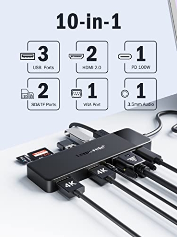 Docking Station USB C Hub 3*Display- 10 in 1, Lemorele Dual HDMI Adapter 4K, 3 USB 3.0/2.0, VGA, PD 100W, Audio, SD/TF, für Windows, Macbook, Dell, HP, Lenovo, Surface - 2