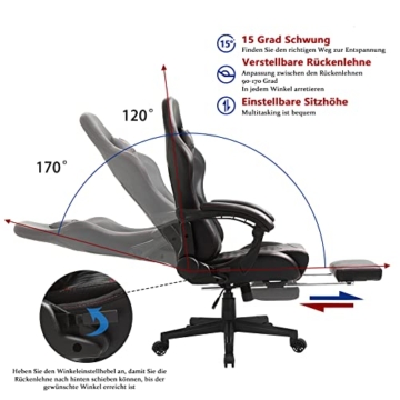 Dowinx Gaming Stuhl Bürostuhl Ergonomischer PC-Stuhl mit Massage Lendenwirbelstütze, Racing Stil PU Leder Hohe Rückenlehne Verstellbarer Drehsessel mit Fußstütze (Schwarz & Rot) - 3