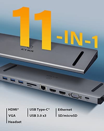 ICY BOX USB-C Docking Station (11-in-1) für 2 Monitore (2x HDMI & 1x VGA), 4K 30Hz, 3-fach USB 3.0 HUB, 100W Power Delivery, Gigabit Ethernet, Kartenleser, Grau, IB-DK2106-C - 2