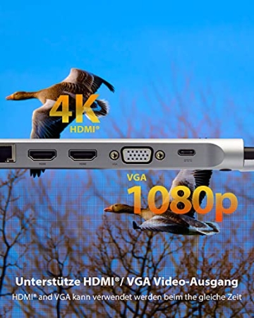 ICY BOX USB-C Docking Station (11-in-1) für 2 Monitore (2x HDMI & 1x VGA), 4K 30Hz, 3-fach USB 3.0 HUB, 100W Power Delivery, Gigabit Ethernet, Kartenleser, Grau, IB-DK2106-C - 3