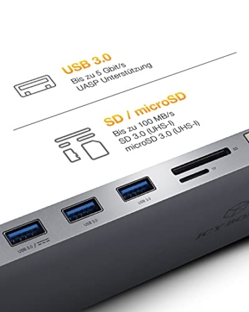 ICY BOX USB-C Docking Station (11-in-1) für 2 Monitore (2x HDMI & 1x VGA), 4K 30Hz, 3-fach USB 3.0 HUB, 100W Power Delivery, Gigabit Ethernet, Kartenleser, Grau, IB-DK2106-C - 6