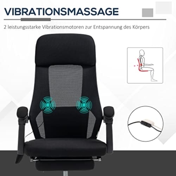 Vinsetto Bürostuhl mit Massagefunktion, Massagestuhl mit 2 Vibrationspunkten, Computerstuhl mit Liegefunktion, Fußstütze, USB-Schnittstelle, Schreibtischstuhl mit Mesh-Gewebe, Schwarz - 4
