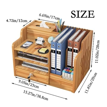 Catekro Schreibtisch-Organizer aus Holz mit Schublade, Aufbewahrungsbox Schreibtisch, Ordnungssystem Schreibtisch Braun(39x29x28cm) - 3