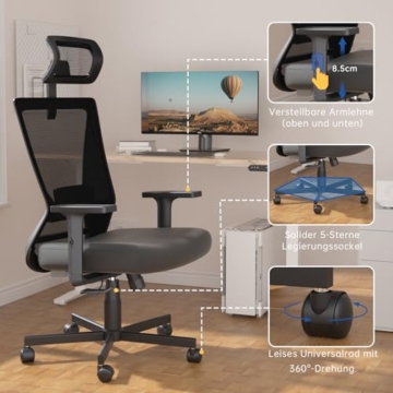 Dripex Bürostuhl, ergonomischer Schreibtischstuhl, Chefsessel mit breites Schaumstoffkissen, Nacken-, Schulter- und taillenfreundlich, höhenverstellbar, Neigungsfunktion von 90° bis 135° - 5
