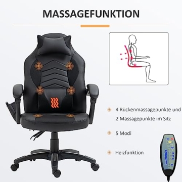 HOMCOM Bürostuhl Massagesessel Massagefunktion mit 6 Vibrationspunkte Ergonomischer Gaming Stuhl mit Wärmefunktion Kunstleder Schwarz 68 x 69 x 108-117cm - 4